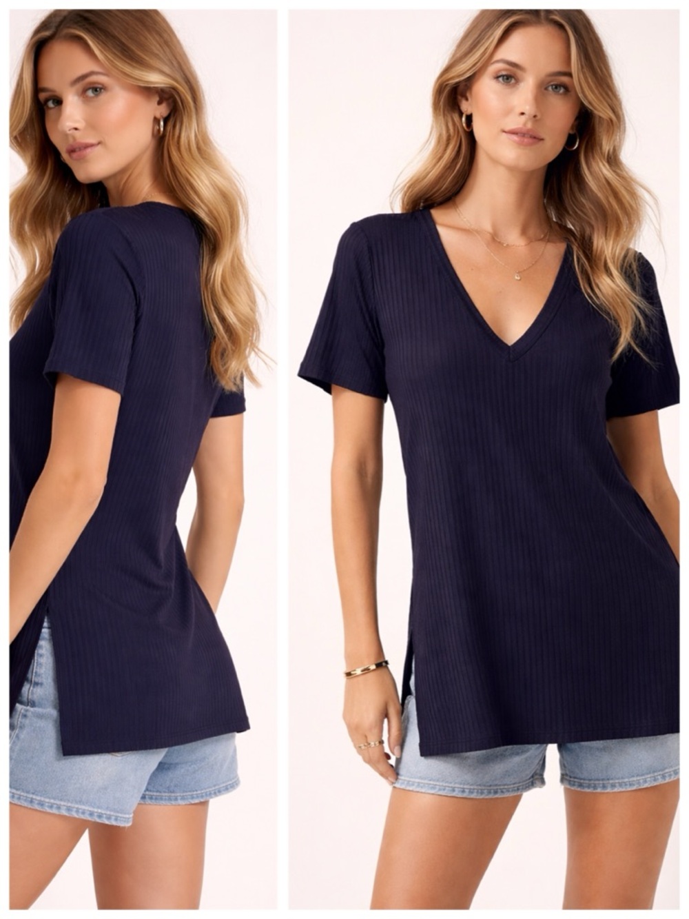 ZARA Ribbed V-Neck Black Tunic Top Longline Tee | Minimalist Wardrobe sz. M